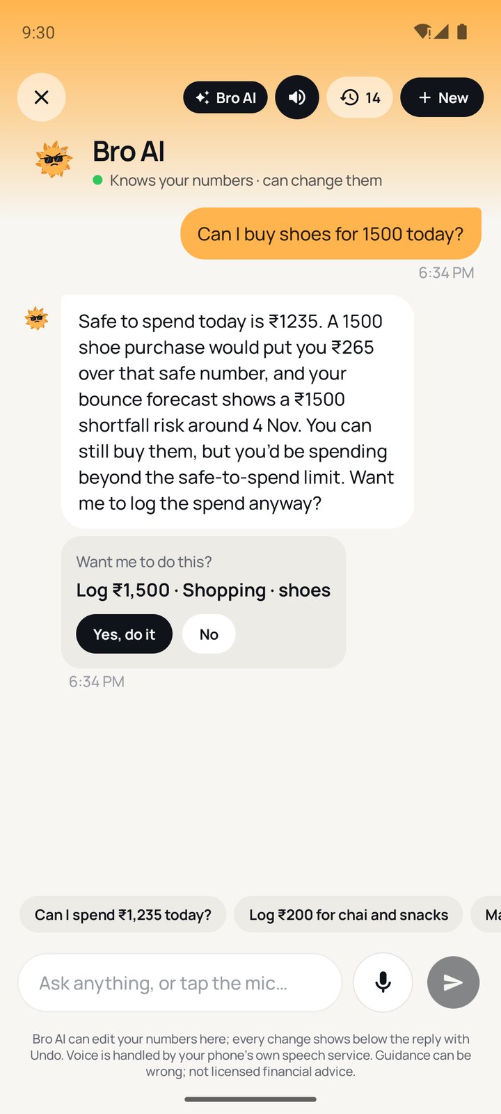 Bro AI answering whether ₹1,500 shoes fit today's ₹1,235 safe number, with a Yes or No before logging it
