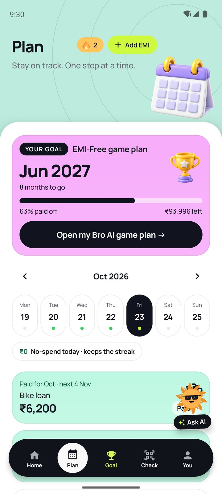 Plan tab with a week calendar and upcoming EMIs